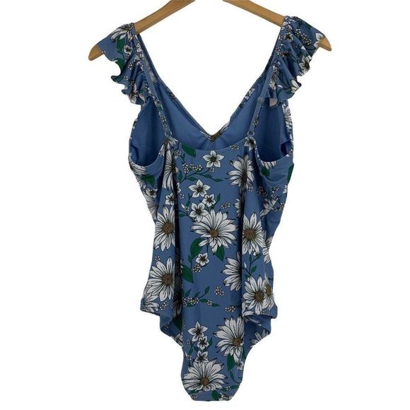 Jessica Simpson L Large One Piece Swimsuit Blue Daisy Ruffle V-neck Lined 0323 - Picture 5 of 8